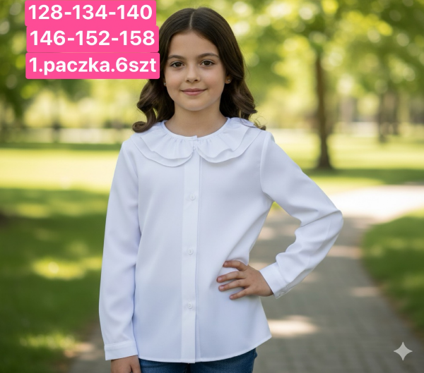 Koszule dziewczęce Roz 128-158, 1 kolor Paczka 6 szt